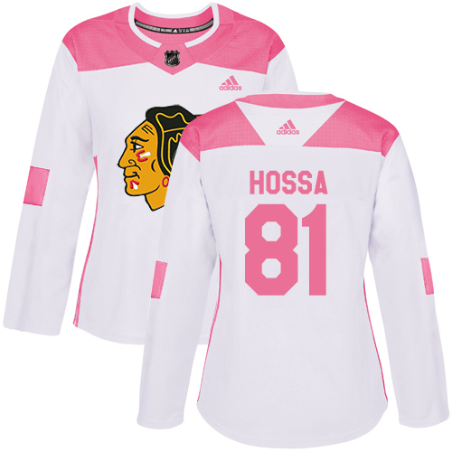Adidas Blackhawks #81 Marian Hossa White/Pink Authentic Fashion Women's Stitched NHL Jersey - Click Image to Close